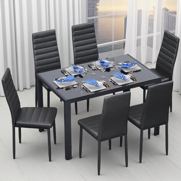 Dining Table Set for 6, Kitchen Table and Chairs Set with High Back PU Leather Chairs for House, Dining Room, Studio, Restaurant, Black