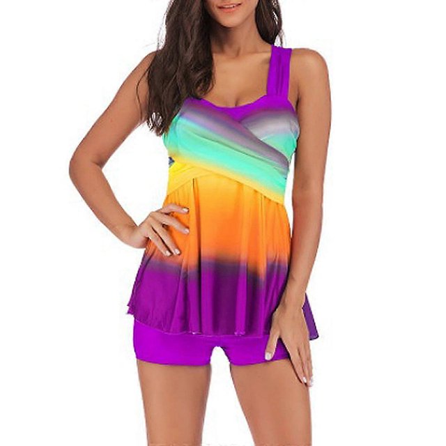 Plus Size Swimsuits For Women Tummy Control Rainbow Swimwear Two Piece Swimdress With Shorts