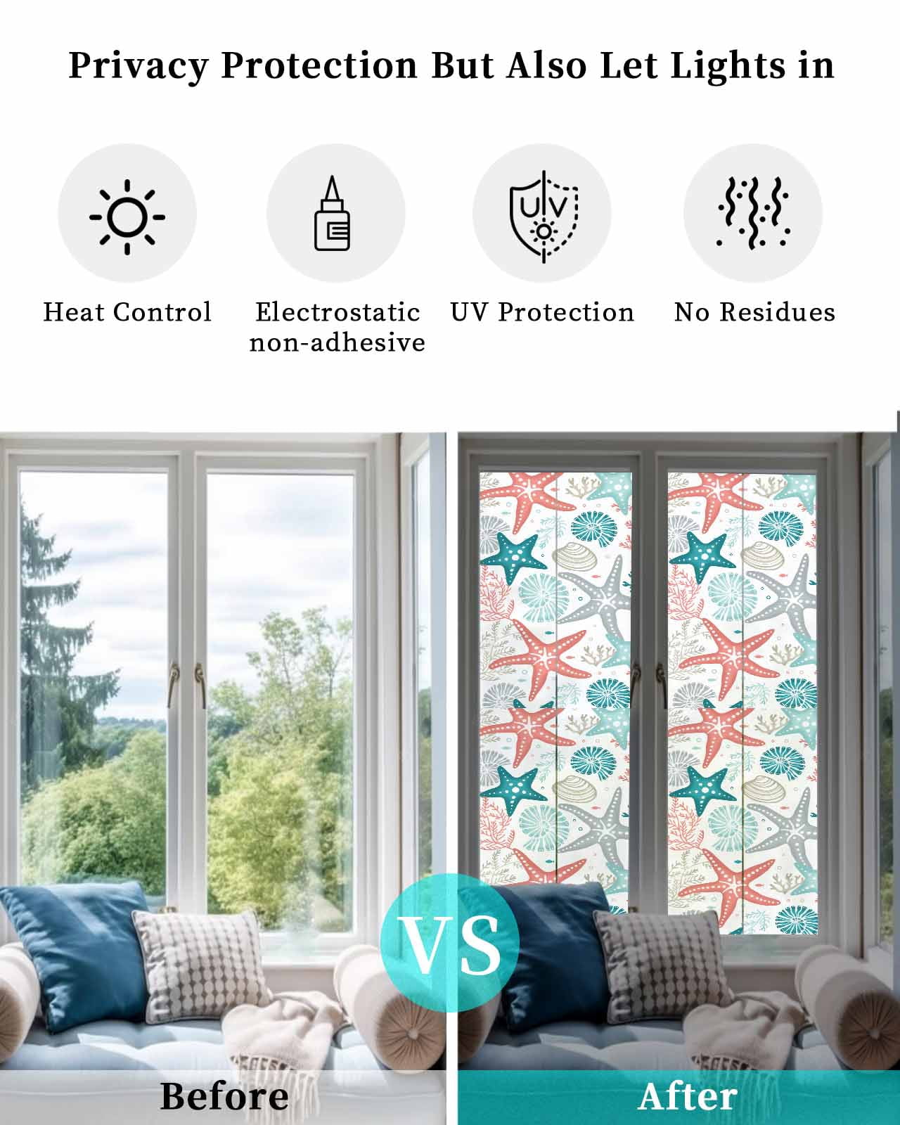 Window Privacy Film, Teal Green Coral Sun Blocking Window Tint Film Heat Control One Way Blackout Window Film, Spring Summer Coastal Starfish Beach Nautical Conch Non Adhesive Static Cling 17.7x78.7