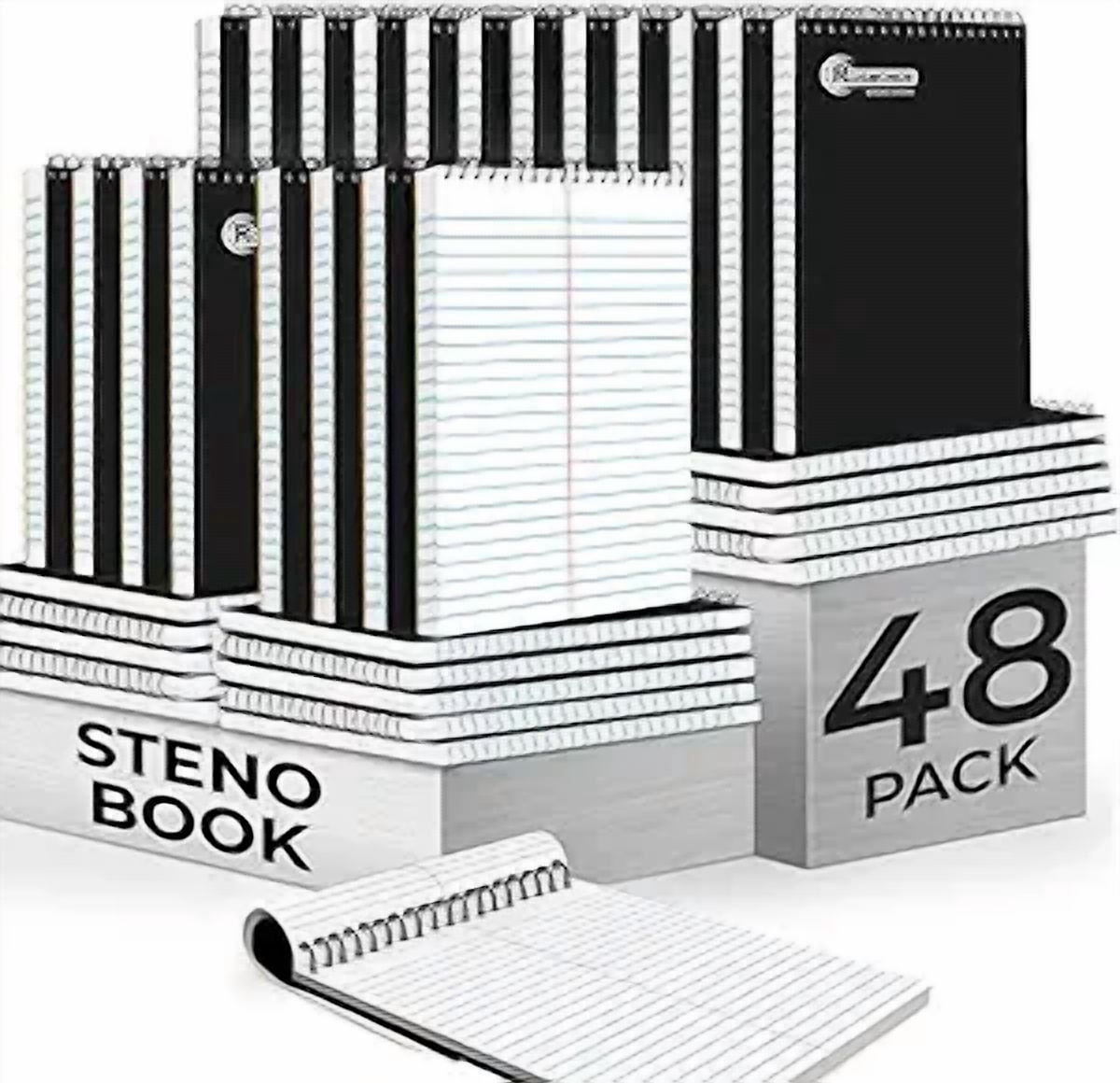 Spiral Steno Notebooks 48 Pack Bulk, 6x9 Inches Gregg Rule 80 Sheets, Top Bound Notepads for Office College, Black