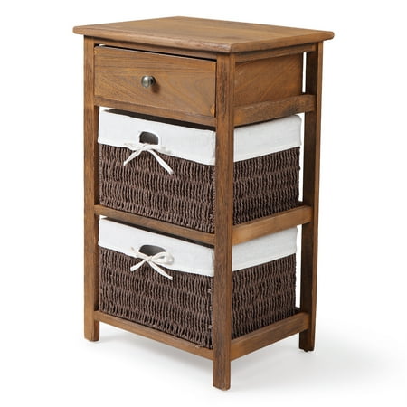 Jaxpety End Side Bedside Table Nightstand Organizer with 2 Wicker Storage Baskets Carved Drawer, Baked Color