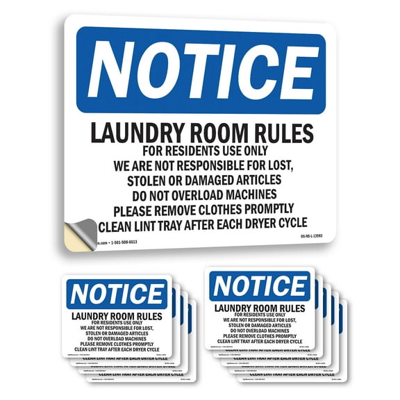 Laundry Room Rules For Residents Use Only OSHA Notice Vinyl Decal Label 5 Inch x 3.5 Inch - 10 Pack