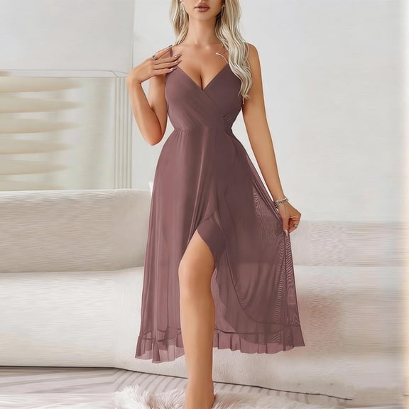 QUNYINEY Mesh Women's Nightgown Solid Colors Sleeveless Sleep Dress V Neck Spaghetti Strap Long Soft Loungewear for Women