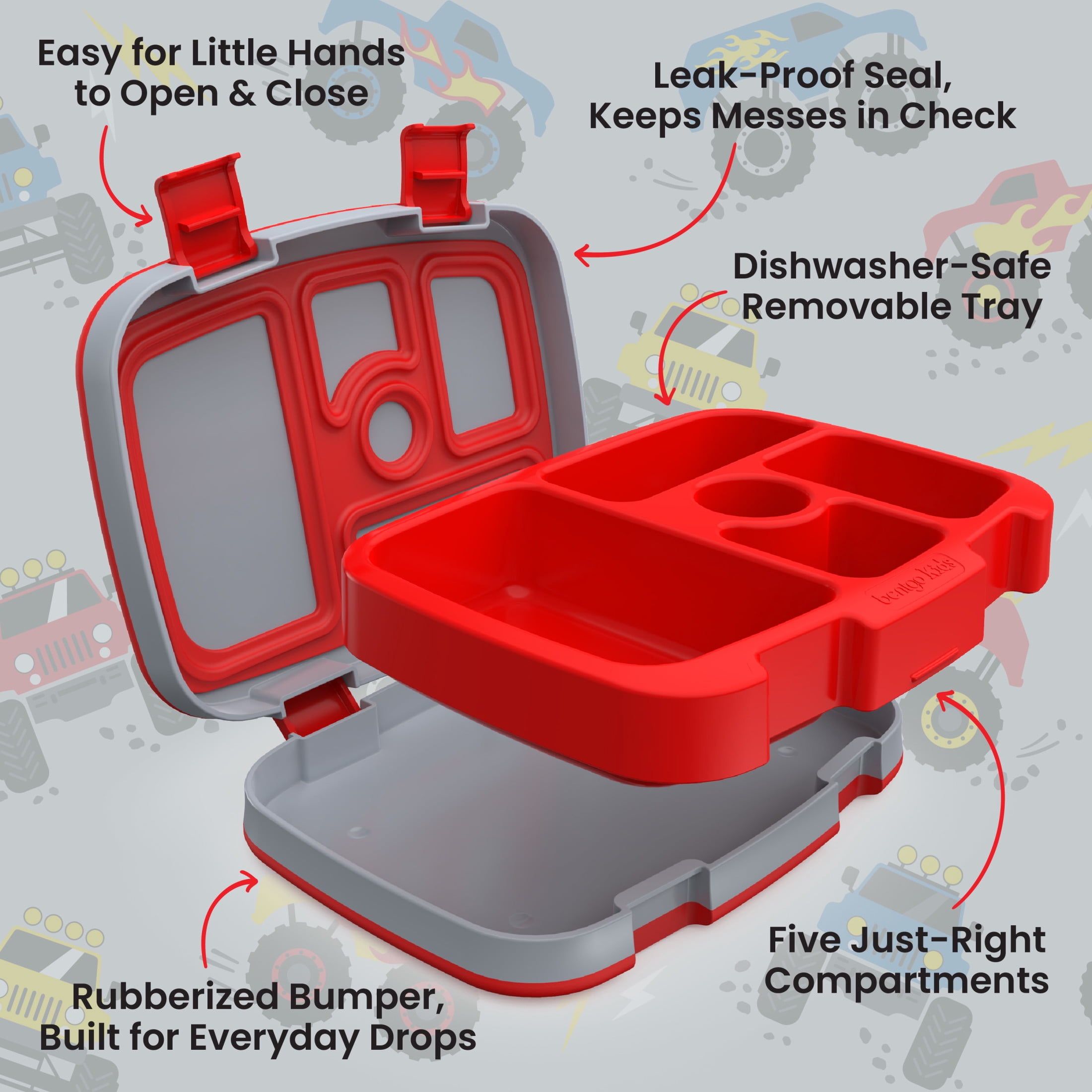 Bentgo Kids Prints Leak-Proof, 5-Compartment Bento-Style Kids Lunch Box - Ideal Portion Sizes for Ages 3-7, Durable, Drop-Proof, Dishwasher Safe, PFAS- & BPA-Free Materials (Trucks)