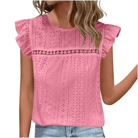 Mittory Womens Summer Short Sleeve Lace Hollow Out Crochet Blouses Flowy Babydoll Dressy Casual Work Tops
