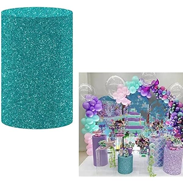 wonima02 Sea Blue Glitter Cylinder Plinth Covers for Parties Pedestal Cover Mermaid Underwater Birthday Party Favors Baby Shower Tablecloth Decor Props