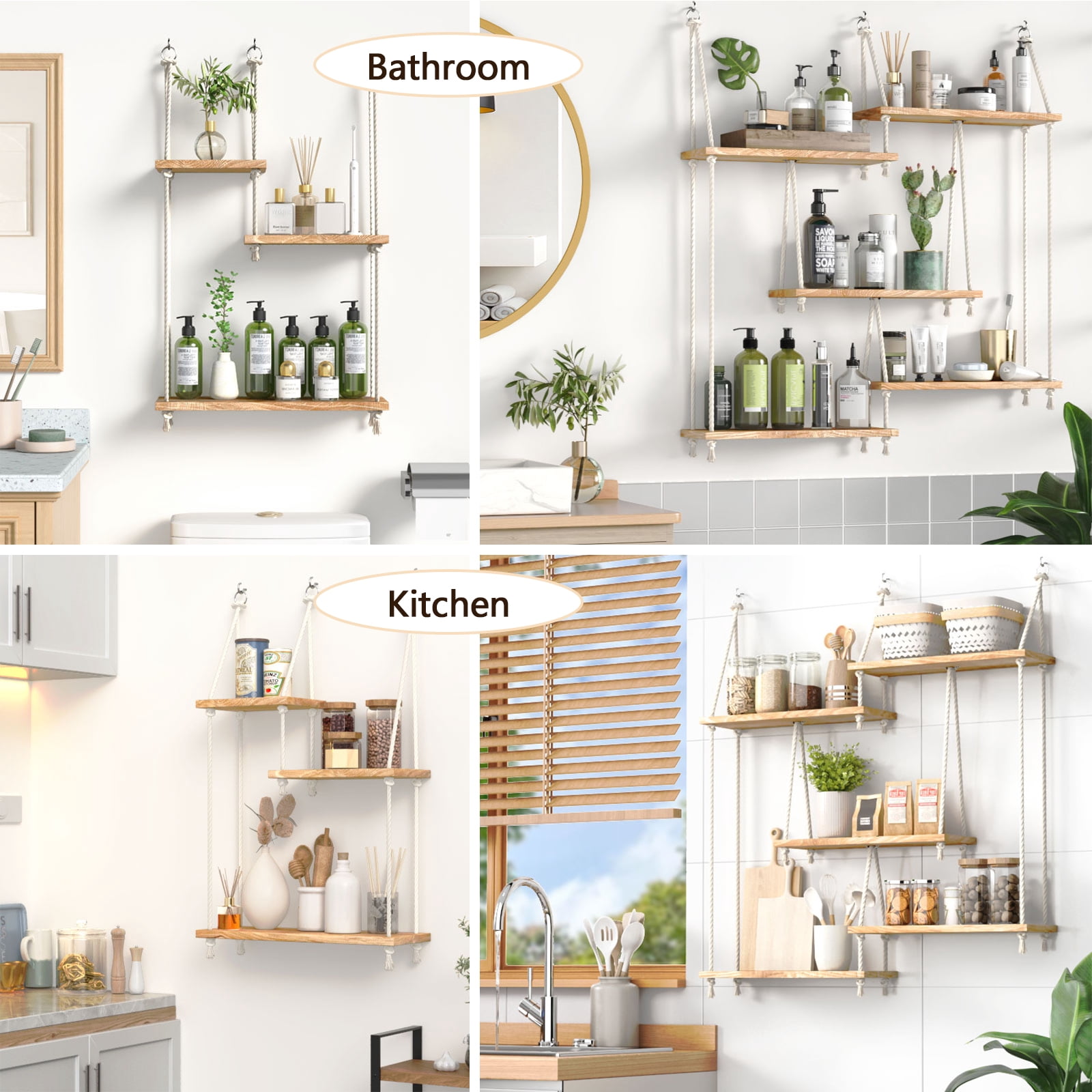 FKS LIFE Hanging Shelves Boho Decorative Wood Sheves for Wall Hanging, Hanging Plant Shelf with Lights Floating Swing Storage Shelves, Indoor Wall Shelf Adjustable Rope