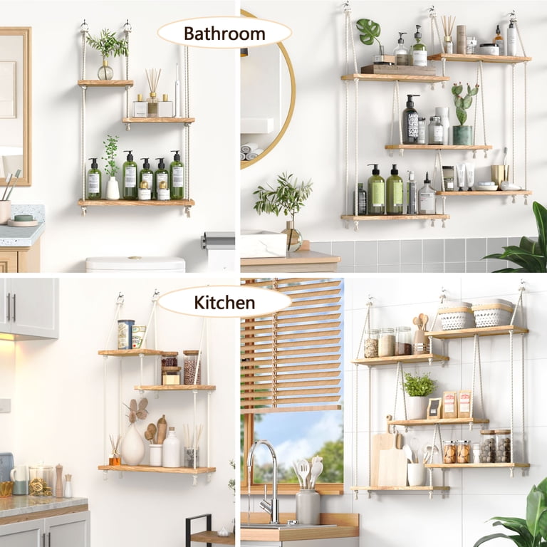 FKS LIFE Hanging Shelves Boho Decorative Wood Sheves for Wall Hanging,  Hanging Plant Shelf with Lights Floating Swing Storage Shelves, Indoor Wall  Shelf Adjustable Rope - Walmart.com