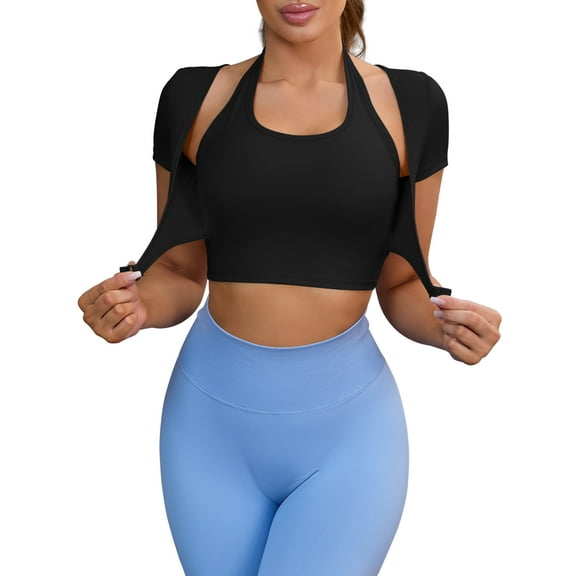 INSPIRE CHIC Women's Halter Neck Short Sleeve Workout Crop Tops Front Closure Slim Fit Fitness t Shirt Top S Black