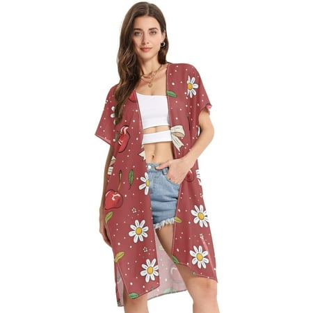 Beach Vacation Clothes Kimono Cardigan Loose Swimsuit Cover Up for Women Cherry Bow with Daisy Flower S