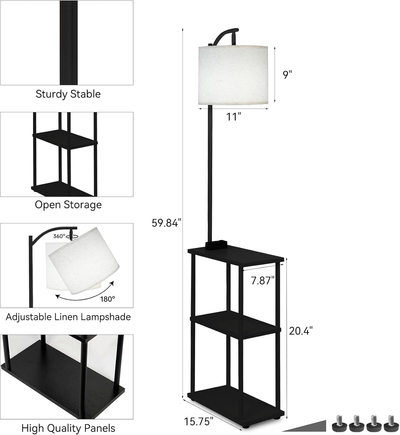 Floor  with Table, Narrow Side Table with USB Charging and AC Port, 3 Color Temperatures LED Light, Black