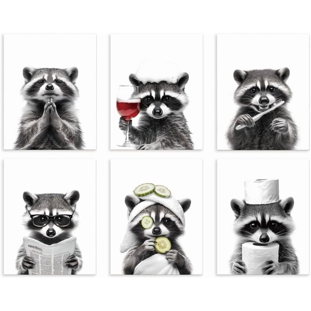 Lote de 6 lienzos decorativos de mapaches para baño, impermeables, sin marco, de 20 x 25 cm, en blanco y negro.