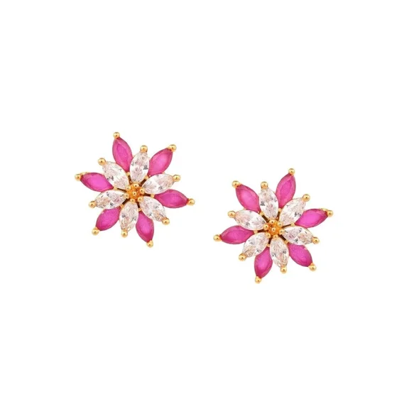 2.50 Carat Total Weight Equivalent Pink/Ruby & Clear CZ Floral Cluster Stud Earrings, 14K Gold Plated Statement Jewelry for Women