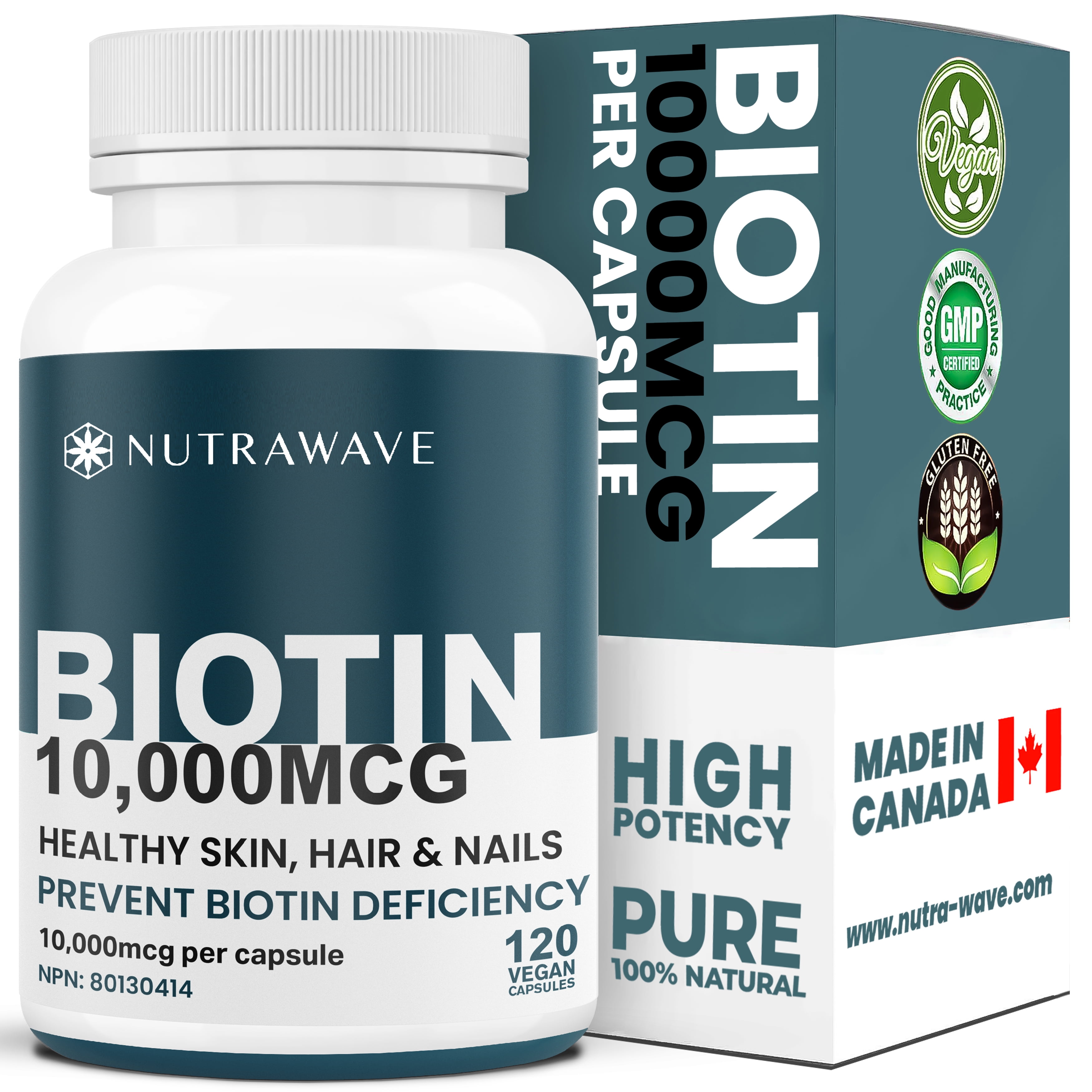 Nutrawave Nutrawave Biotin Supplement (Vitamin B7) 10,000 mcg, Hair, Skin & Nail Health Support, 120 Vegan Non-GMO Capsules