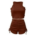 thumbnail image 4 of MSJUHEG Overall Shorts for Women,Short Jumpsuits for Women,Overalls for Women Shorts,Shorts Romper,Two Outfits For Ribbed Tank Crop Top Drawstring Ruched Shorts Set,Lounge Jumpsuit Coffee L, 4 of 9