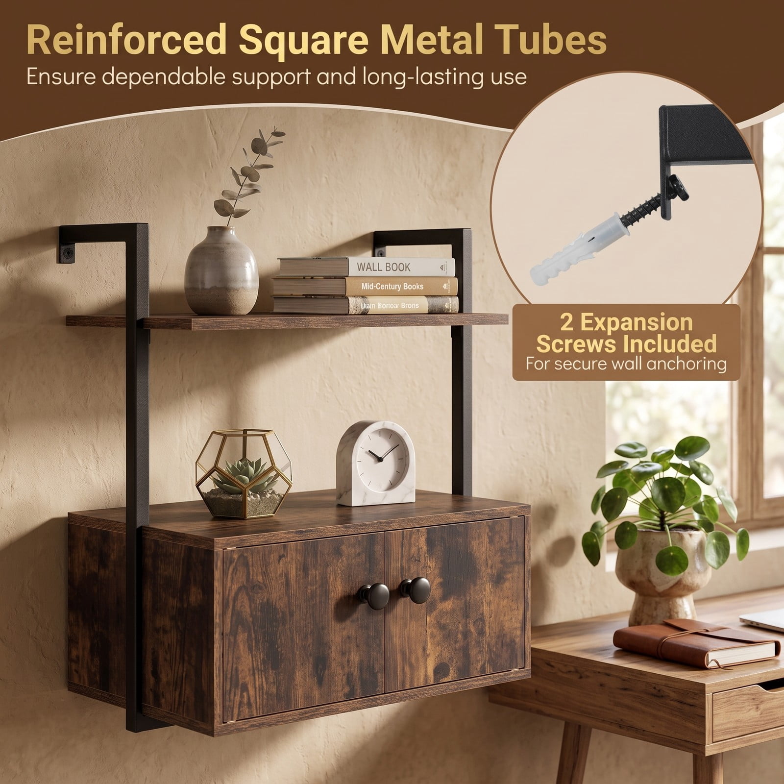 Furnibear 2-Door Wall Mount Bookshelf with Storage Cabinet, Industrial 2-Tier Open Bookcase with Concealed Cabinet, Metal Frame Wall-Mounted Storage, Rustic Brown