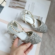 7-8 Years Girls Sandals Glitter Dress Shoes Princess Crystal High Heels Party Wedding Toddler Shoes Girls Cute Fashion Sequin Pearl Chain Non-slip Leather Princess Shoes Silver