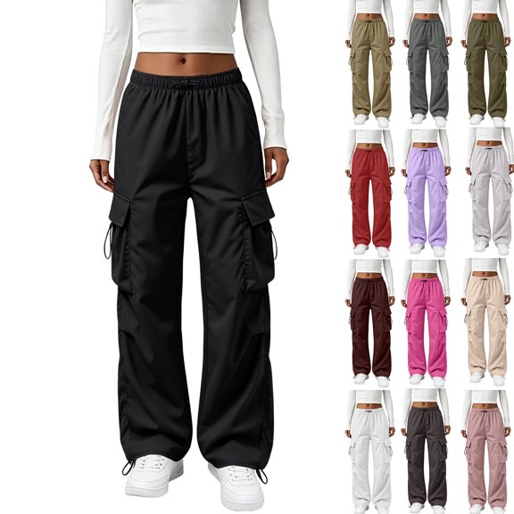 Wutalume Women's Cargo Baggy Parachute Pants - Drawstring Waist Ruched Joggers with Pockets,Comfortable for Daily Wear, Trendy Cargo Pants for Women and Urban Looks,Army Green L