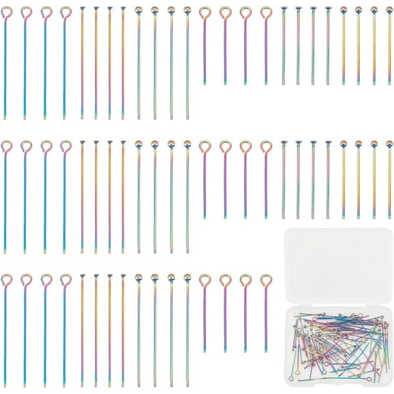 304 Stainless Steel Flat Head Pins & Ball Head Pins & Eye Pins Rainbow Color 20~30x0.6~0.7mm 21~22 Gauge 15pcs/style