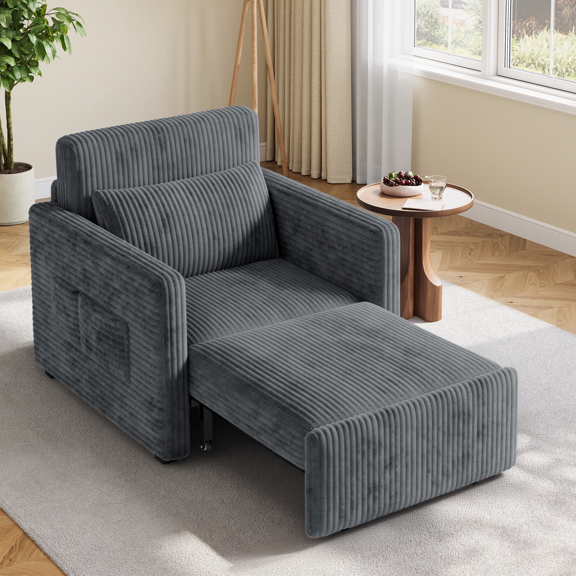 Noelse 3-in-1 Sleeper Chair Bed, Convertible Sofa Bed with Pull-Out Recliner, Corduroy Fabric Accent Chair, Dark Gray
