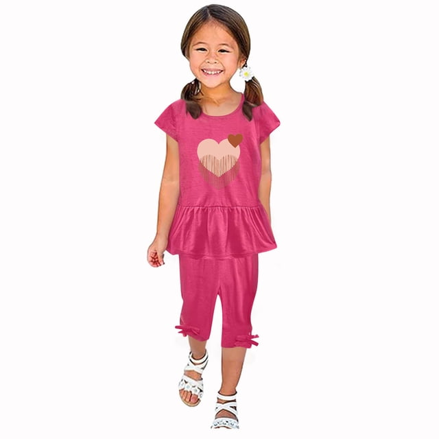 ameIAEA Kid Girls Clothes Toddler 2 Pcs Summer Outfits Print Short Sleeve Round Neck Ruffle Tops Capri Pant Set