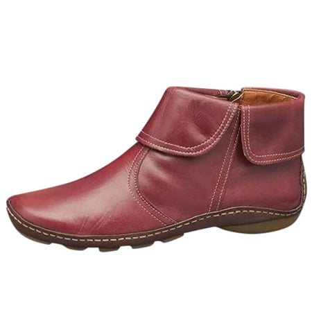 KIJBLAE Women s Ankle Boots Fold Over Zipper Boots Leather Winter Warm Shoes Non-Slip Comfortable Boots Outdoor Fashion Footwear Zipper Wine 35