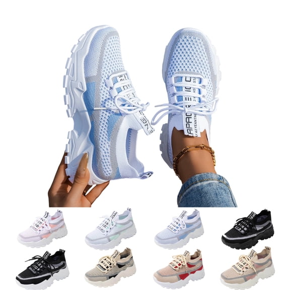 IEMIEMIEM Women's Knit Sneakers Mesh Lace-Up Chunky Sole Fashion Slip on Breathable Lightweight Running Shoes for Sports Walking Gym Work 4.5 wide