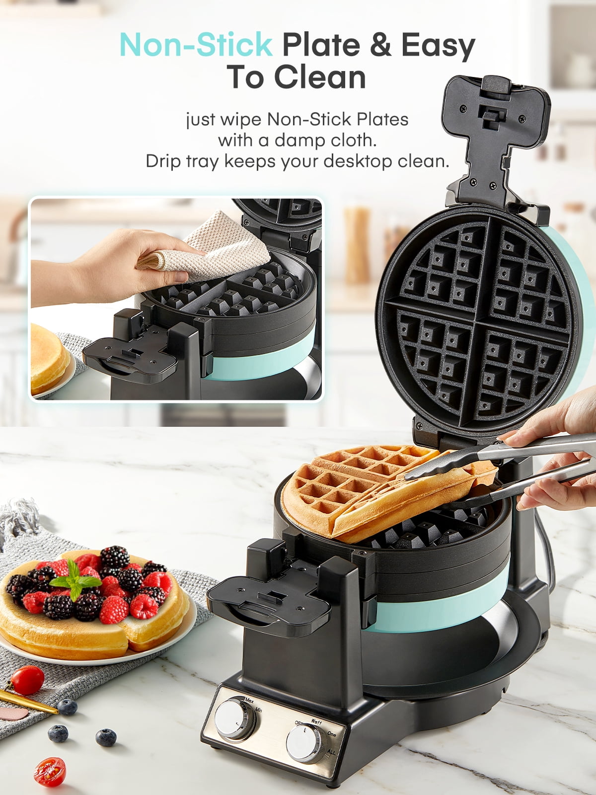 FOHERE 2-in-1 Waffle Maker & Omelette Maker, 1400W 180° Flip Rotating & Nonstick Pans, Blue, New