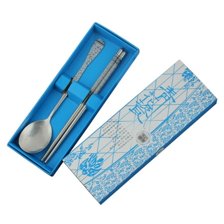 

UDIYO 2Pcs/Set Stainless Steel Outdoor Portable Spoon Chopsticks Dinnerware with Box