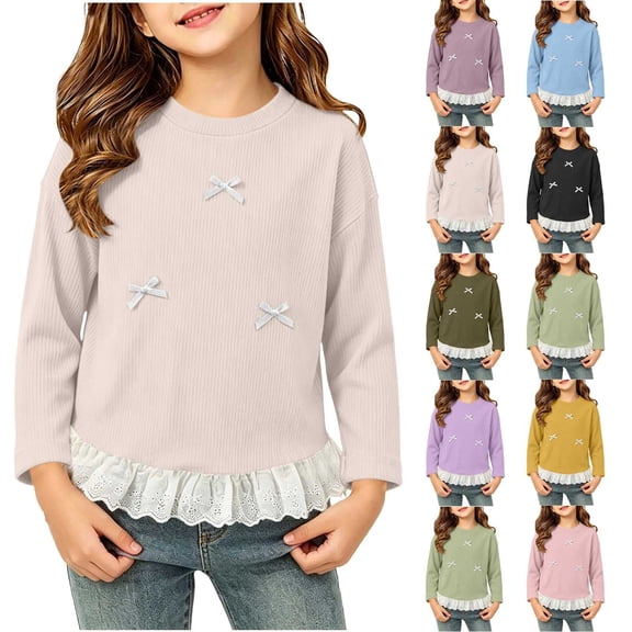 Acaics Girls' Long-Sleeve Layering T-Shirt: Round-Neck Ribbed Long-Sleeve Casual and Comfortable Base Layer Top With Lace Hem, Suitable for Ages 0–11