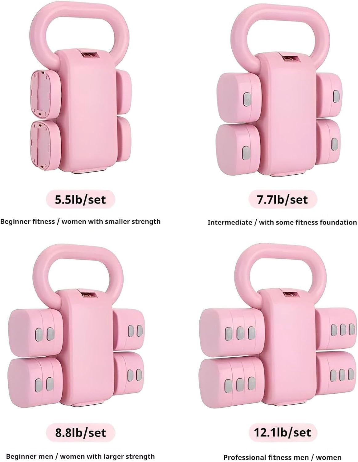 Adjustable Dumbbell Set of 2, 4-in-1 Free Weights for Women with Fast Adjustment, Home Gym & Outdoor Exercise Training, Includes 2.2lb 3.3lb 4.4lb 5.5lb Hand Weights, Compatible with Kettlebells