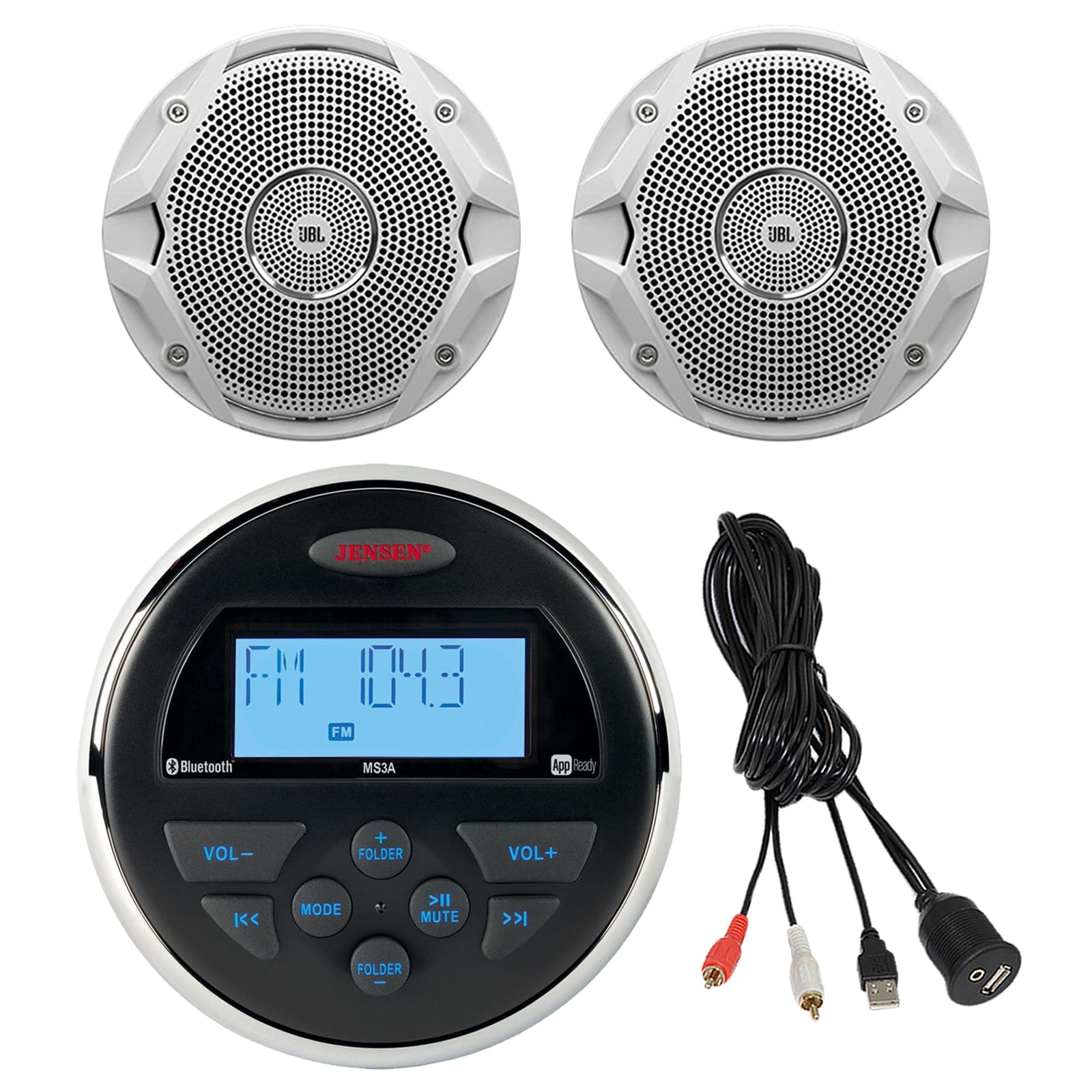 Jensen Bluetooth AUX USB AM FM Receiver 2 White 6.5" Marine 120W Boat Speakers 