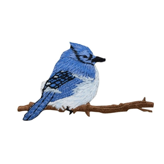 Bluejay - Blue Bird - Sitting on Tree Limb- Iron on Embroidered Patch Applique