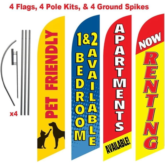 [4-PACK] Apartment Complex Advertising Package Pet Friendly, Renting, Apartment Available, 1 & 2 Bedrooms Feather Banner Swooper Flag Kit w/Spike