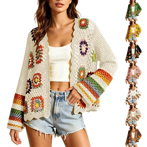 Tqcoqu Women's Boho Crochet Knit Cardigan,Colorful Floral Hollow Out Open Front Long Sleeve Sweater Coat