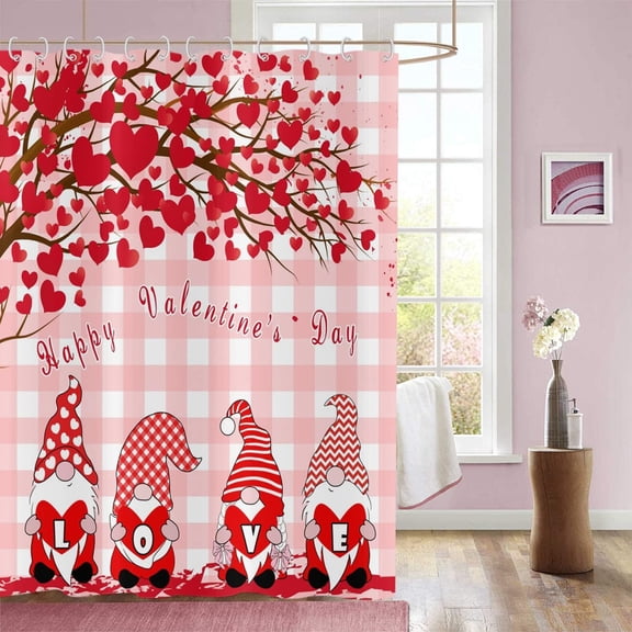 Valentine''s Day Gnomes Shower Curtain, Pink Buffalo Check Plaid Red Heart Tree Cute Gnomes Bathroom Curtain Home Decor Waterproof Fabric Machine Washable with 12 Hooks