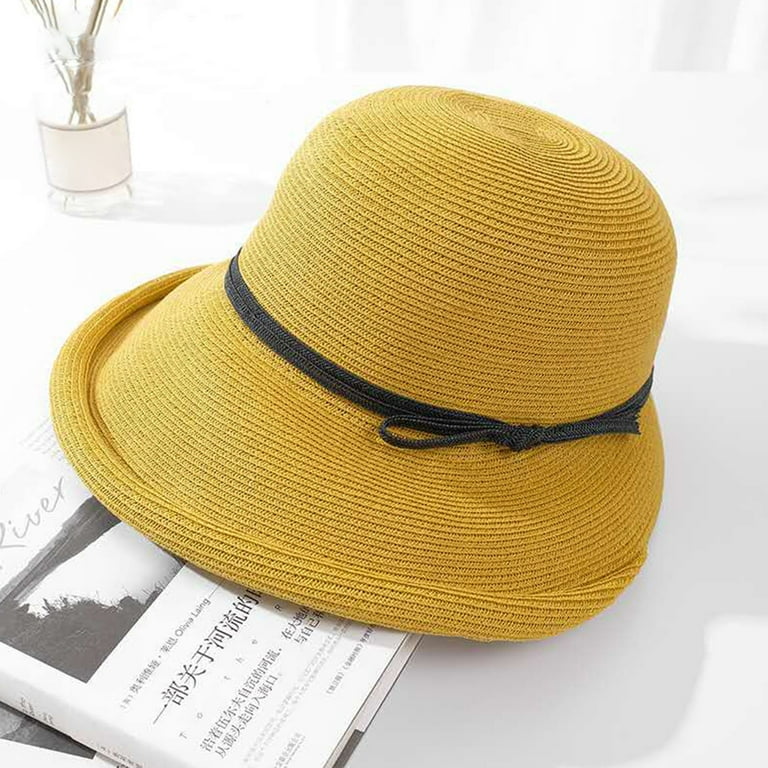 Anvazise Women Sun Hat Solid Color String Decor Foldable Curled Edge Sunshade Short Brim Lady Fisherman Hat Headwear, Adult Unisex, Size: One size
