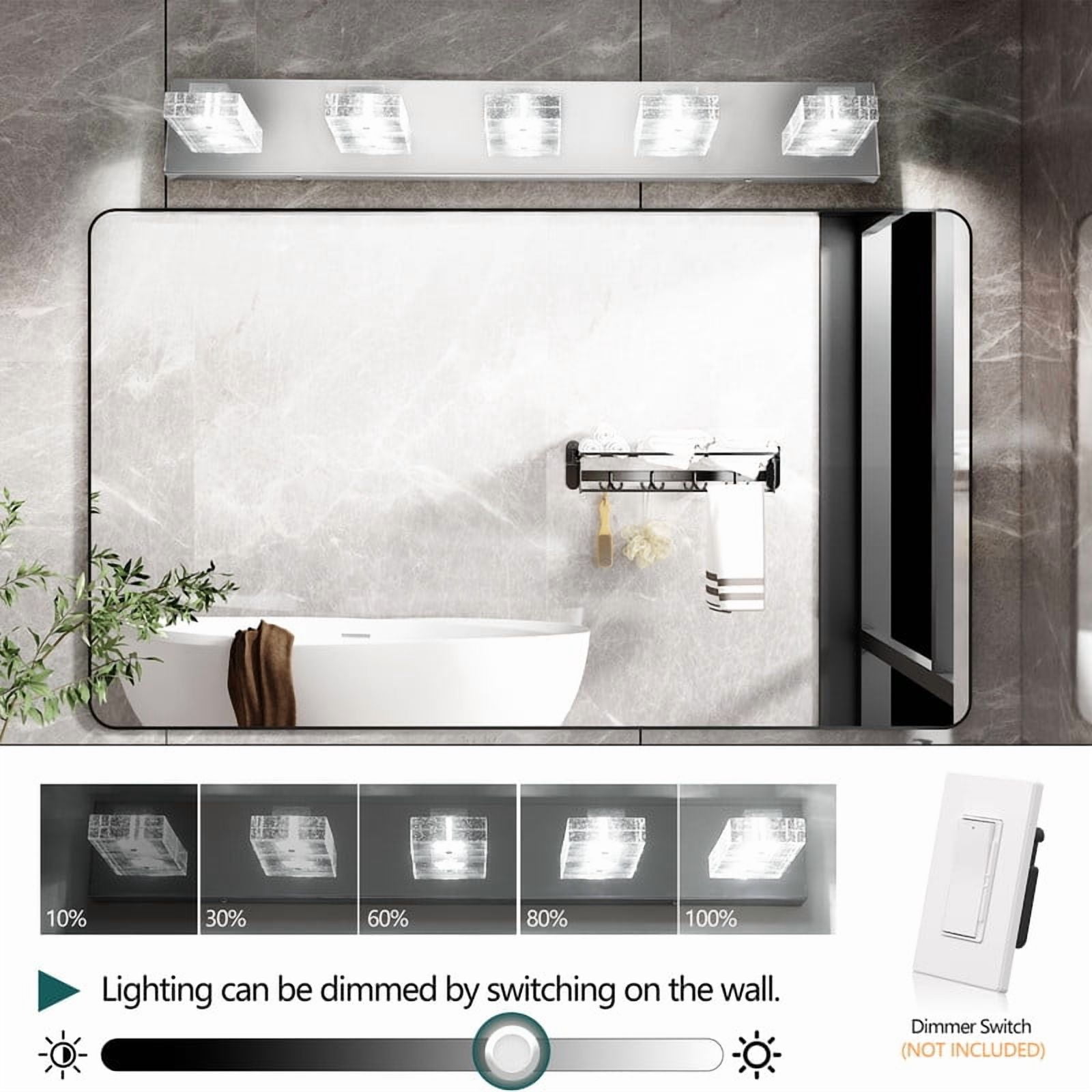 31" Chrome 5-Light LED Vanity Light - Square Acrylic Bathroom Wall Fixture, Dimmable Mirror Lighting for Makeup, Modern Hardwired Sconce