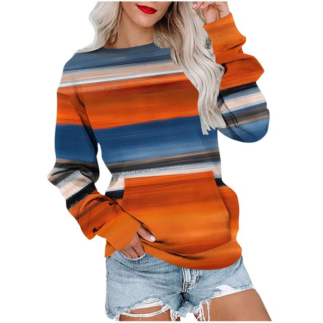 HVOBTTY Chandail-Over pour Femmes, T-shirt Imprimé Mode Manches Longues Blouse Col Rond Chandail en Molleton Décontracté Orange, G