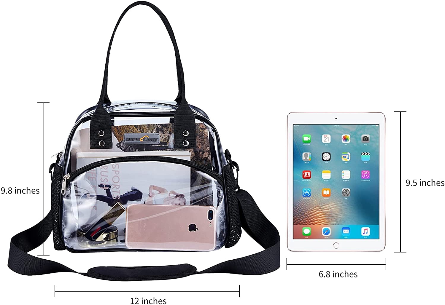 USPECLARE Clear Lunch Bag Lunch Box, Clear Tote bag with Removable Bottom Board for Women & Men, See Through Reusable Lunch Box Clear Lunch Bag for Workplaces, Clear Shoulder Bag for Security