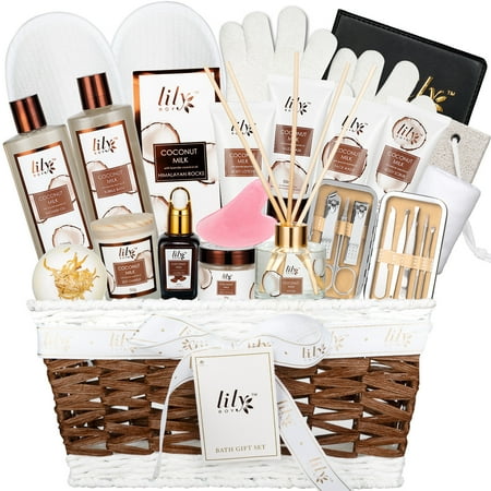 Spa Gifts Set for Women - 28-Piece Luxury Coconut Bath and Body Gift Basket Set for Christmas Gifts Spa Gift Baskets Set | Self Care Mothers Day Birthday Gift Sets for Her Bridal Shower
