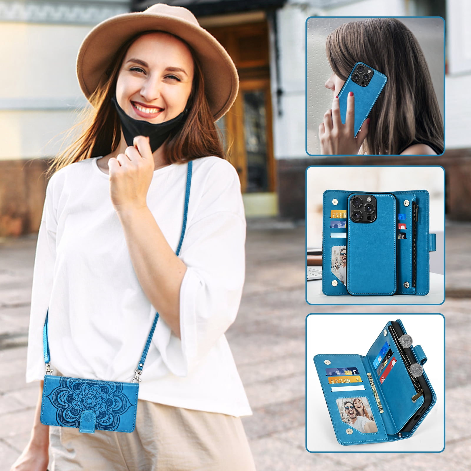 Phone Case for iPhone 16 Pro Max 6.9 inch Zipper Wallet Magnetic Detachable Cell Cover with Tempered Glass Screen Protector Crossbody Strap Flower Card Holder Slot i16 ProMax 16ProMax Women Blue