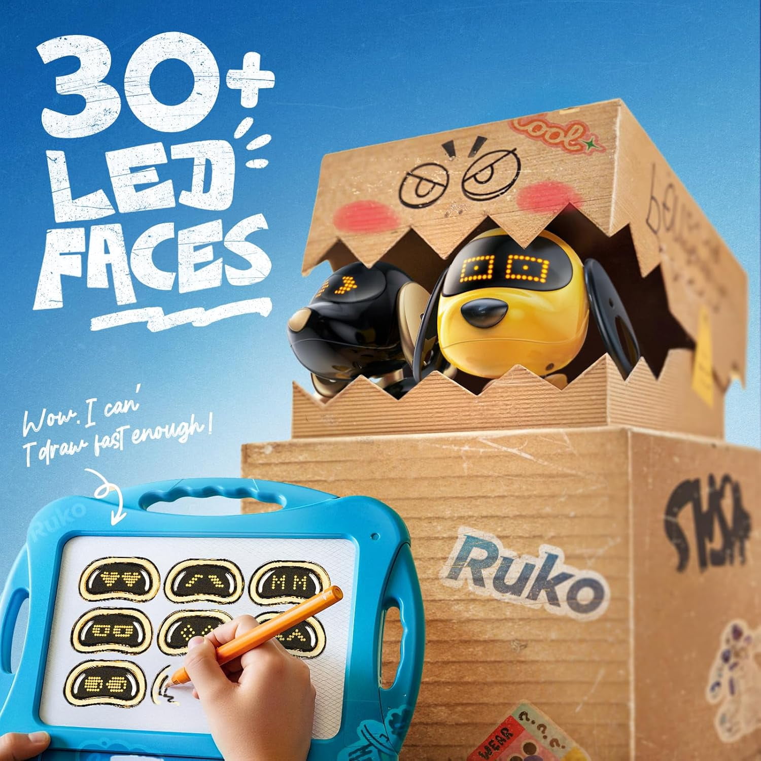 Ruko 18011 Robot Dog Toy, Smart Interactive Puppy, Programmable, 30+ LED Faces, Remote & Gesture Control, Yellow, Ages 3-8