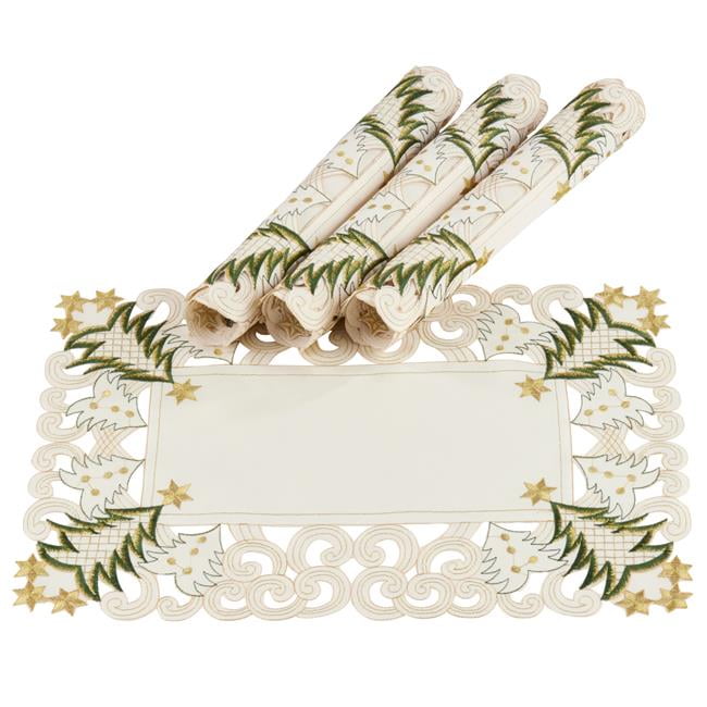 Ivory and Gold Embroidered Christmas Tree Placemats Set of 4