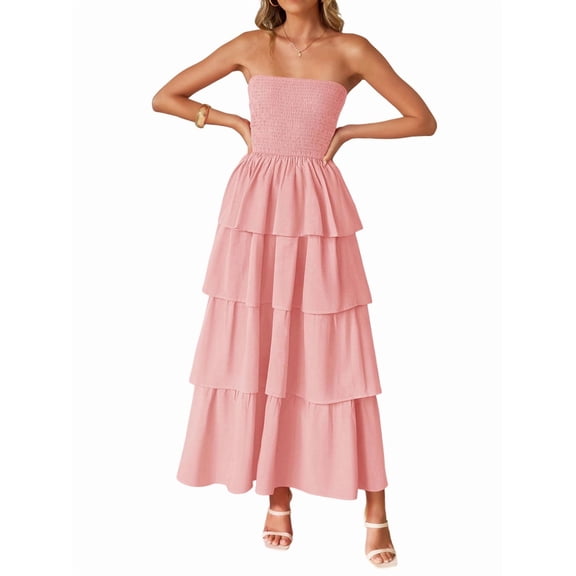 Women'S Summer Boho Strapless Maxi Dress Casual Sleeveless Off Shoulder Beach Long Sundress Pink XXL