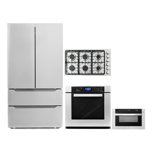 4 Piece Kitchen Package 36" Gas Cooktop 30" Single Electric Wall Oven 24" Built-In Microwave Drawer & Energy Star French Door Refrigerator
