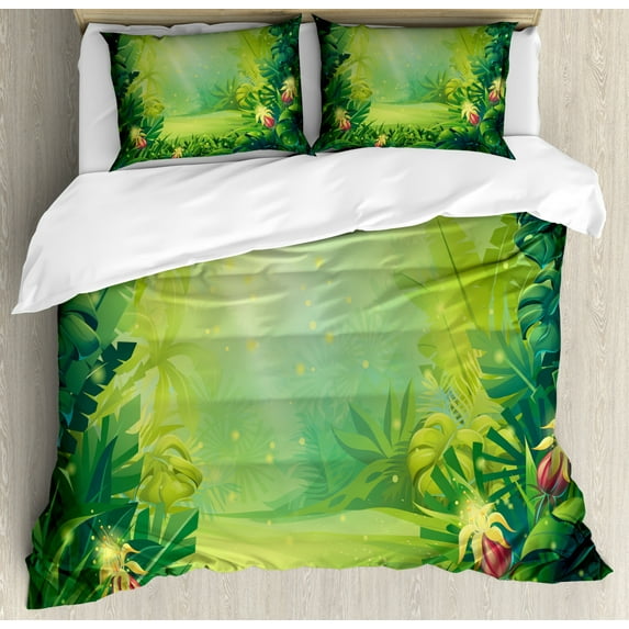 Jungle Leaves Duvet Cover Set King Size, Cartoon Graphic Interpretation of a Morning in the Rainforest Vivid Scene, Decorative 3 Piece Bedding Set with 2 Pillow Shams, Multicolor, by Ambesonne