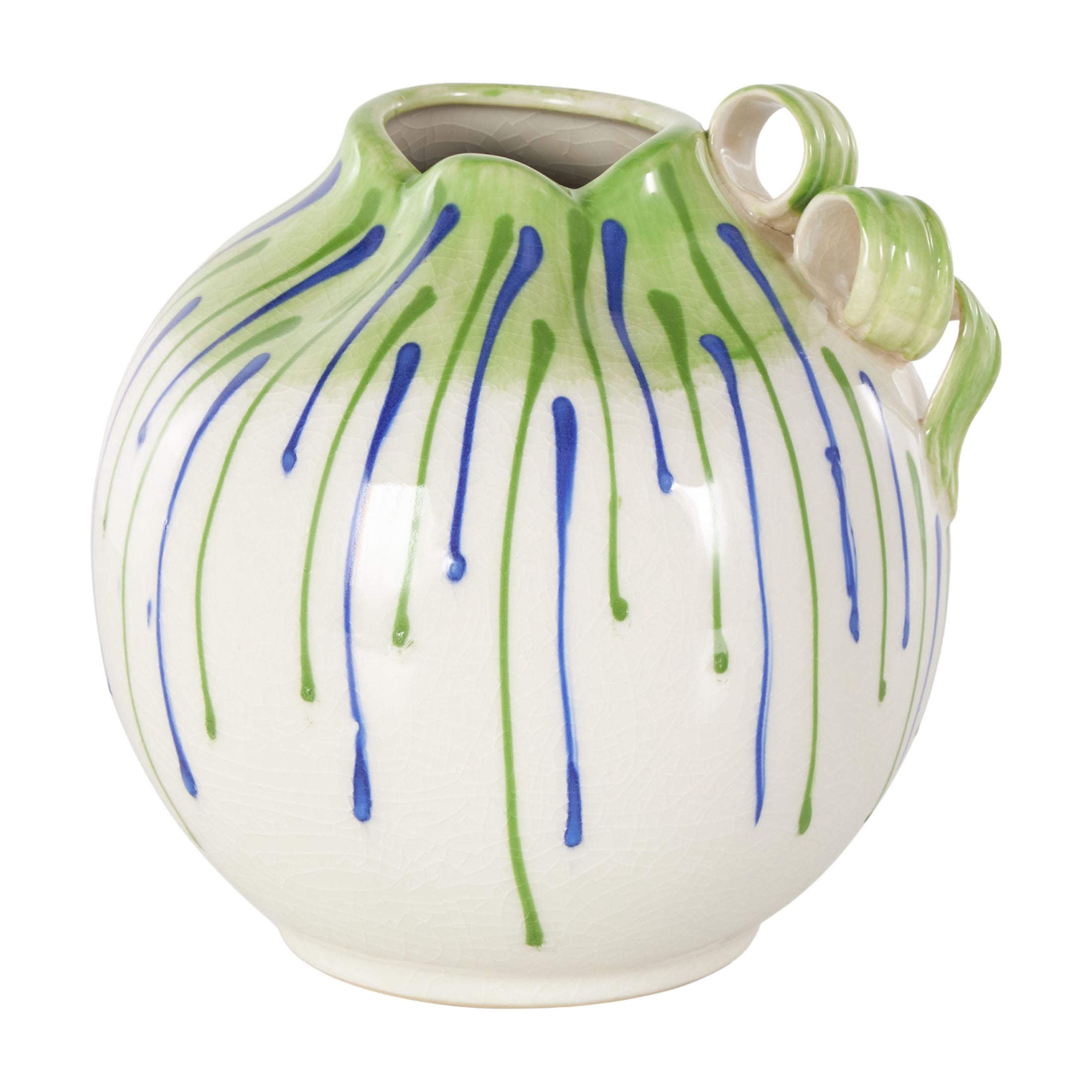 DecMode 8" Abstract White Ceramic Vase with Green and Blue Drip Design and Handles