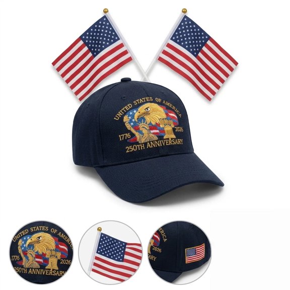 Vintage 250th Anniversary Baseball Cap and 2 Flags Set, 3D Embroidered Bald Eagle Patriotic Hat for Men Women, Blue