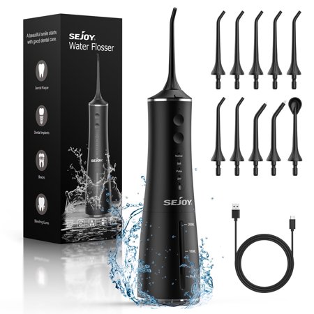 Water Flosser with 9Jet Tips,Sejoy Oral Irrigator Rechargeable Portable Cordless Teeth Cleaner with 4 Cleaning Modes 260ML Tank IPX7